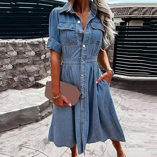 Abito Midi Donna in Denim Taglio Classico — vista frontale