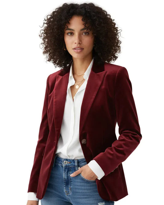 Blazer rosso in velluto con bottone dorato — vista frontale