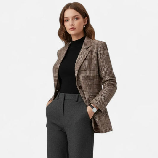 Blazer marrone a quadri da donna — vista frontale