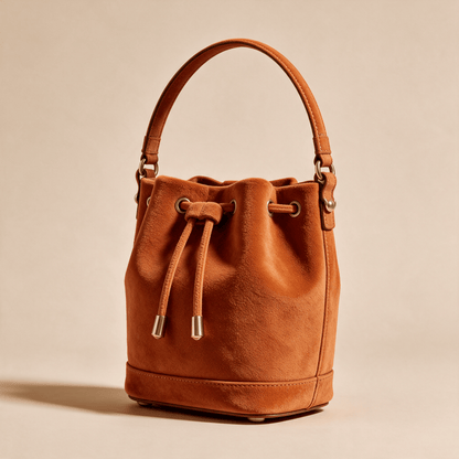 Borsa a Secchiello Savellini Luna in Camoscio Vegano — Arancio Sicilia, vista diagonale destra, borsa da donna in materiale vegano.