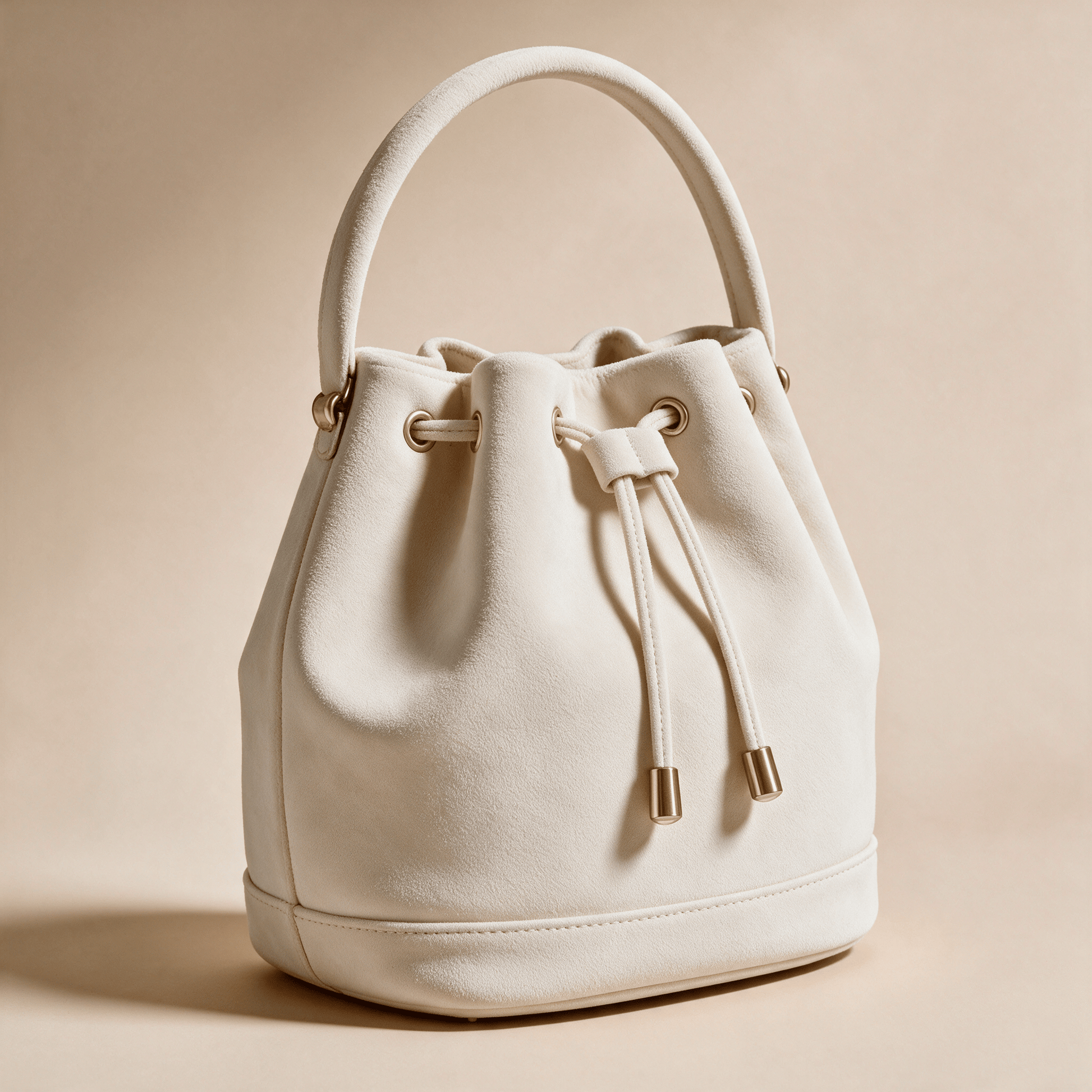Borsa a Secchiello Savellini Luna in Camoscio Vegano — Avorio, vista diagonale destra, borsa da donna in materiale vegano.