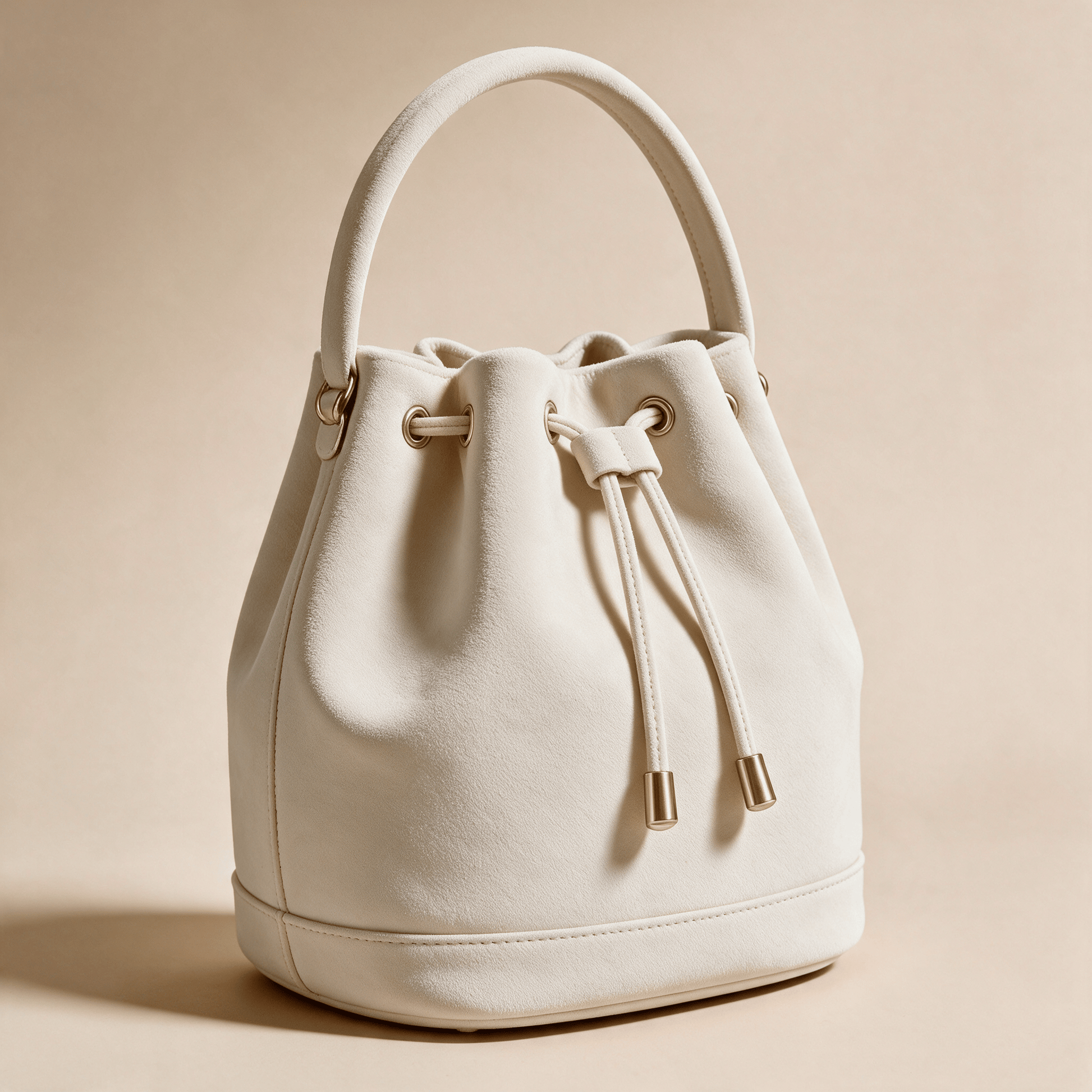 Borsa a Secchiello Savellini Luna in Camoscio Vegano — Avorio, vista diagonale sinistra, borsa da donna in materiale vegano.