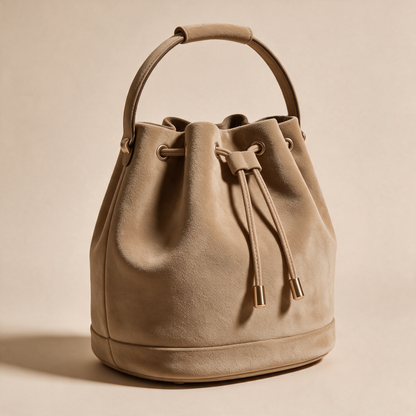 Borsa a Secchiello Savellini Luna in Camoscio Vegano — Beige Tabacco, vista diagonale destra, borsa da donna in materiale vegano.