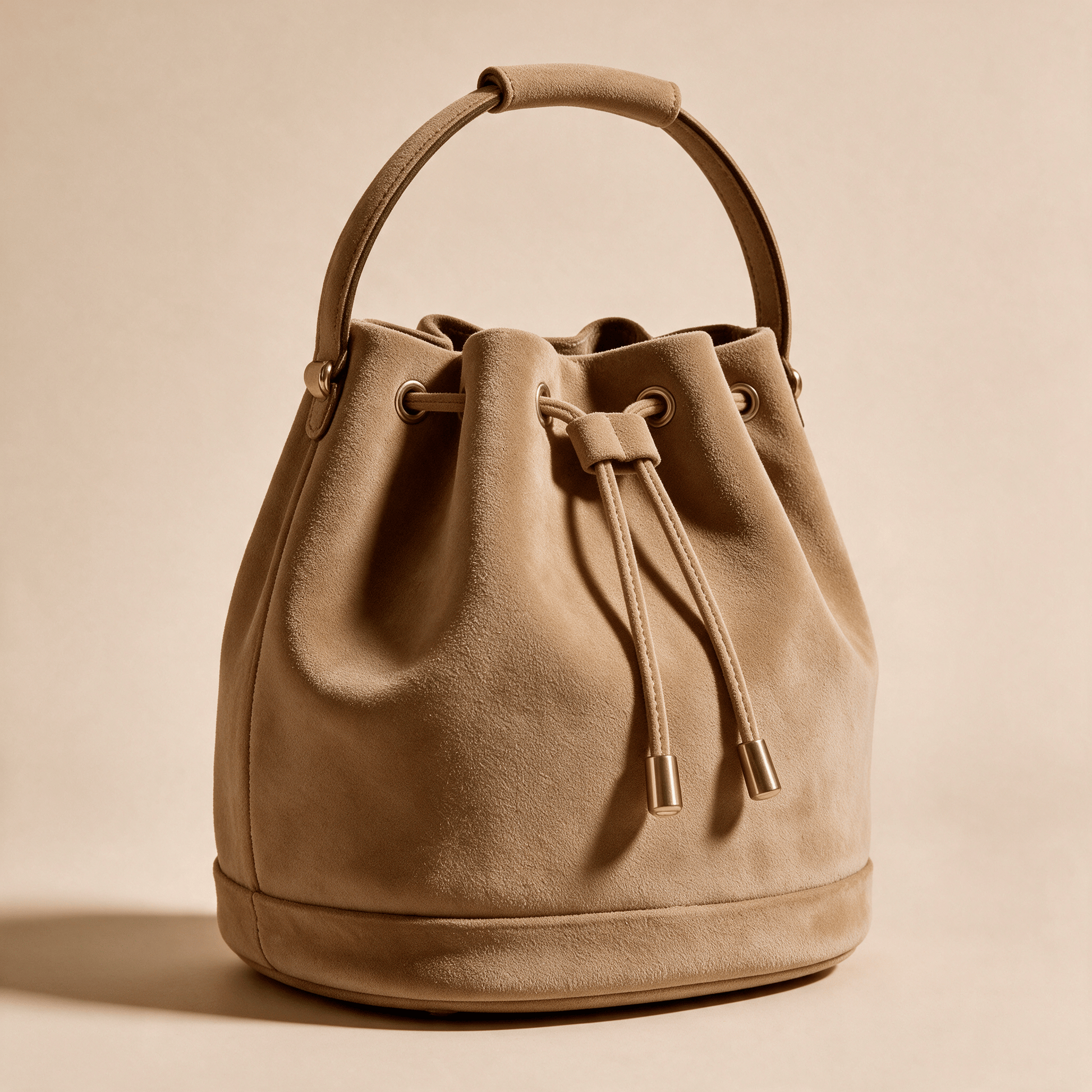 Borsa a Secchiello Savellini Luna in Camoscio Vegano — Beige Tabacco, vista diagonale sinistra, borsa da donna in materiale vegano.