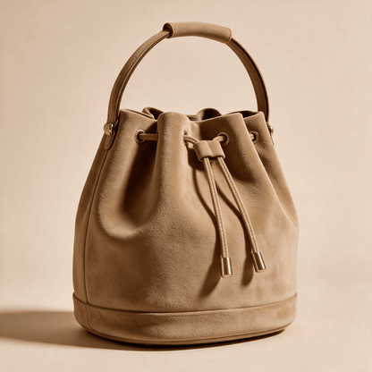 Borsa a Secchiello Savellini Luna in Camoscio Vegano — Beige Tabacco, vista diagonale sinistra, borsa da donna in materiale vegano.