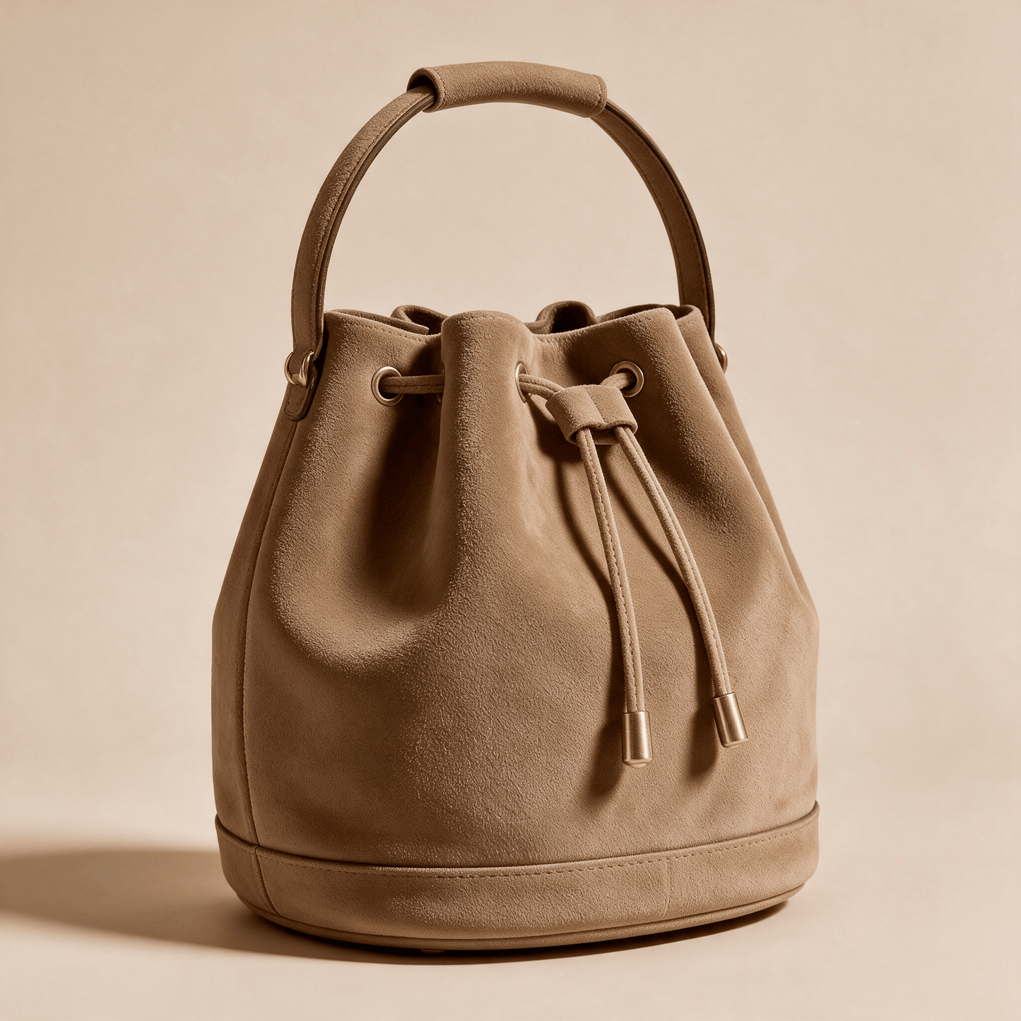 Borsa a Secchiello Savellini Luna in Camoscio Vegano — Marrone Torrone, vista diagonale destra, borsa da donna in materiale vegano.
