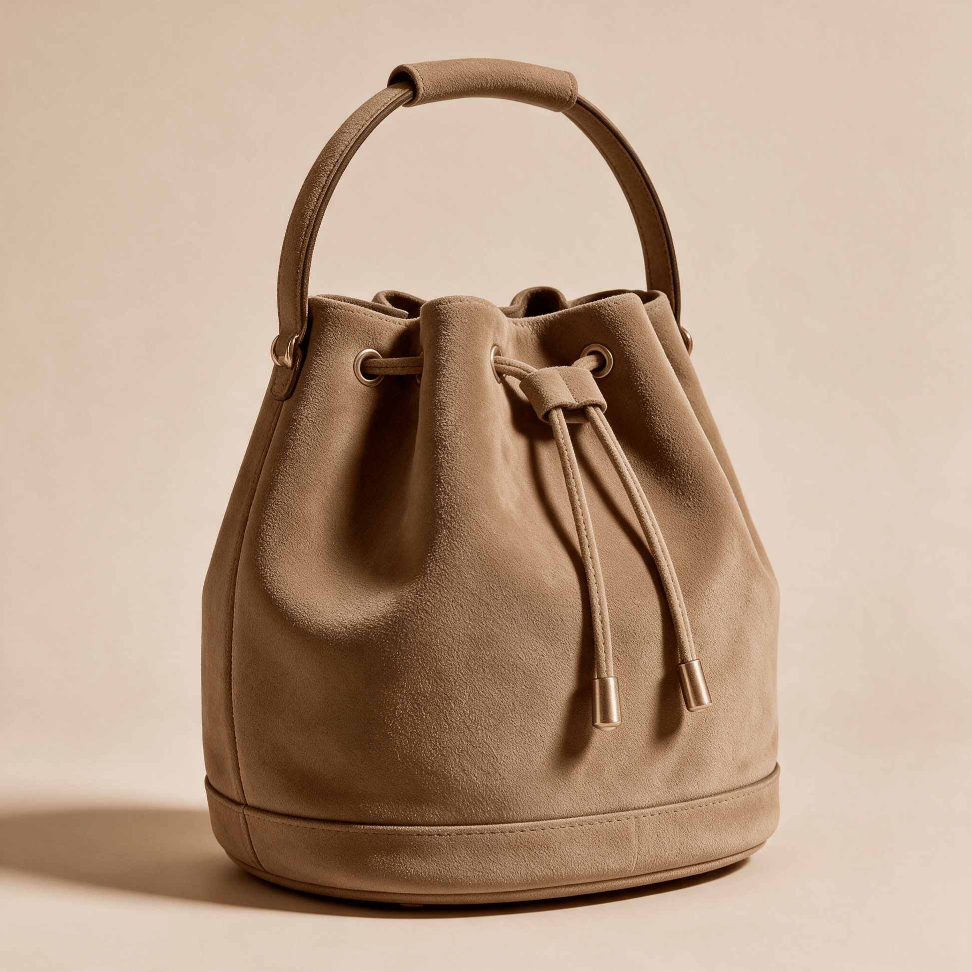 Borsa a Secchiello Savellini Luna in Camoscio Vegano — Marrone Torrone, vista diagonale destra, borsa da donna in materiale vegano.