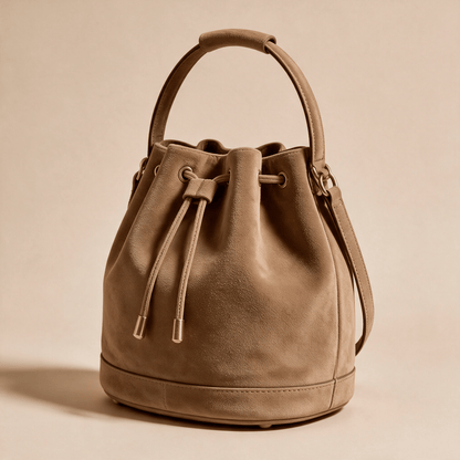 Borsa a Secchiello Savellini Luna in Camoscio Vegano — Marrone Torrone, vista diagonale sinistra, borsa da donna in materiale vegano.