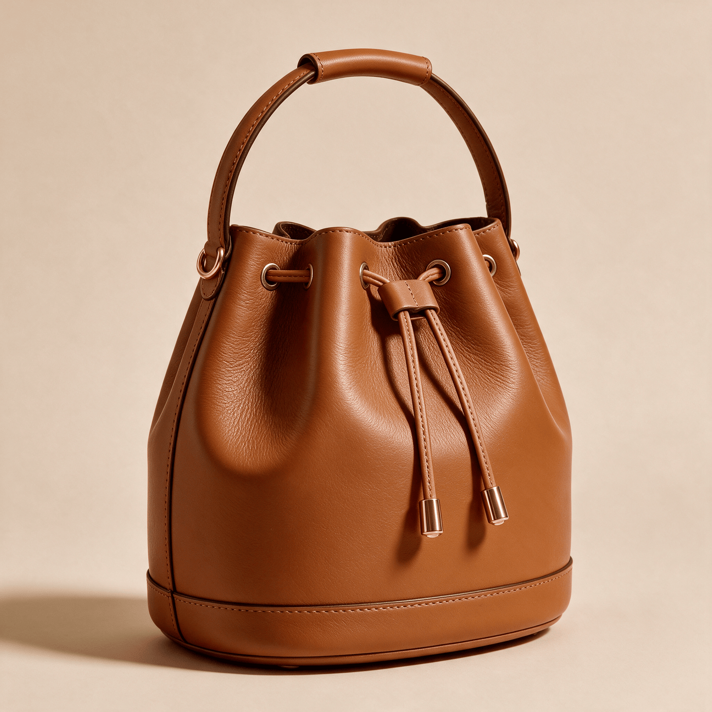 Borsa a Secchiello Savellini Luna in Ecopelle Liscia — Cuoio, vista diagonale sinistra, borsa da donna in materiale vegano.