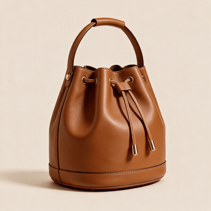Borsa a Secchiello Savellini Luna in Ecopelle Liscia — Cuoio, vista diagonale destra, borsa da donna in materiale vegano.