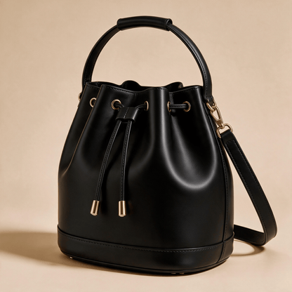 Borsa a Secchiello Savellini Luna in Ecopelle Liscia — Nero, vista diagonale destra, borsa da donna in materiale vegano.