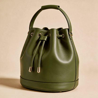 Borsa a Secchiello Savellini Luna in Ecopelle Liscia — Verde Oliva, vista diagonale sinistra, borsa da donna in materiale vegano.