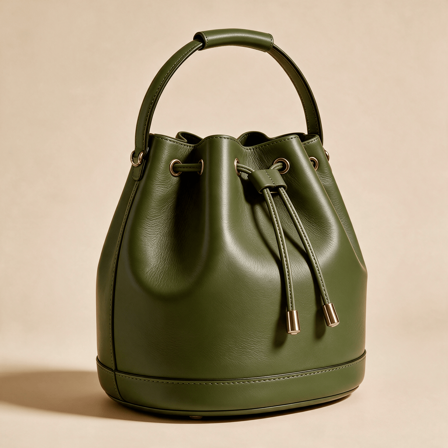 Borsa a Secchiello Savellini Luna in Ecopelle Liscia — Verde Oliva, vista diagonale destra, borsa da donna in materiale vegano.