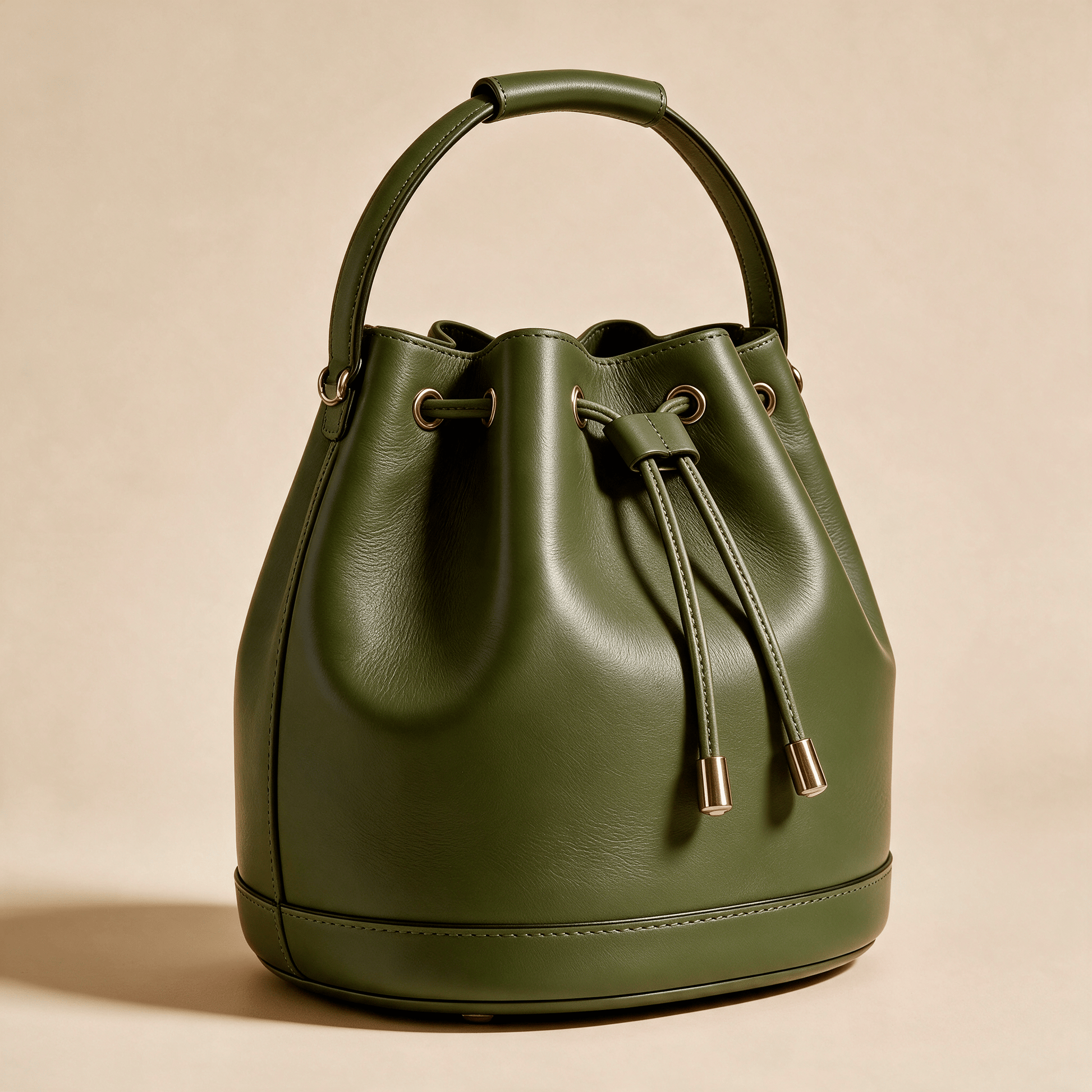 Borsa a Secchiello Savellini Luna in Ecopelle Liscia — Verde Oliva, vista diagonale destra, borsa da donna in materiale vegano.