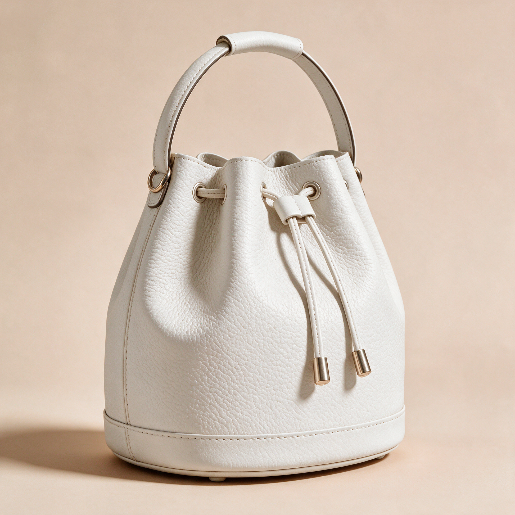 Borsa a Secchiello Savellini Luna in Ecopelle Martellata — Bianco Latte, vista diagonale sinistra, borsa da donna in materiale vegano.