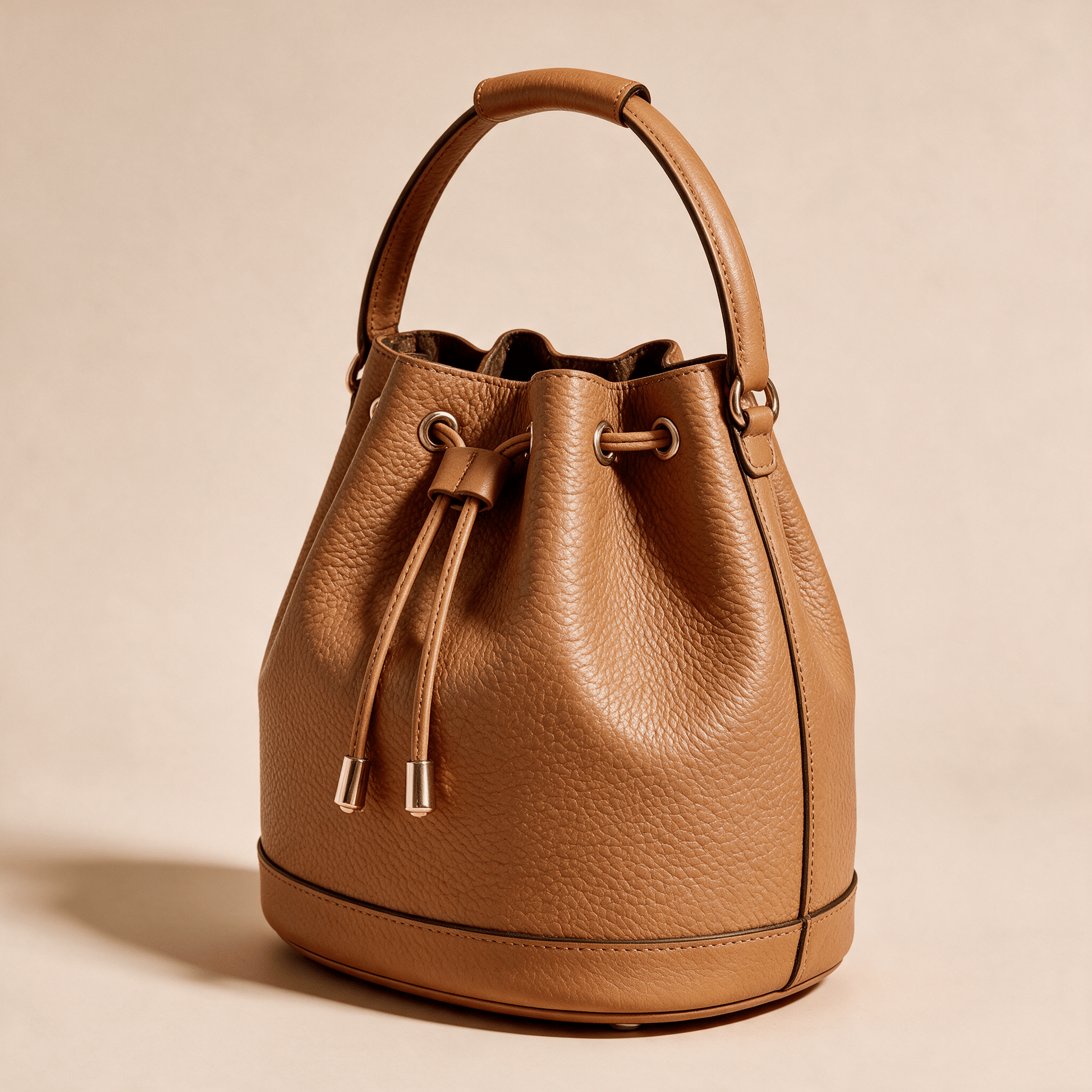 Borsa a Secchiello Savellini Luna in Ecopelle Martellata — Marrone Biscotto, vista diagonale sinistra, borsa da donna in materiale vegano.