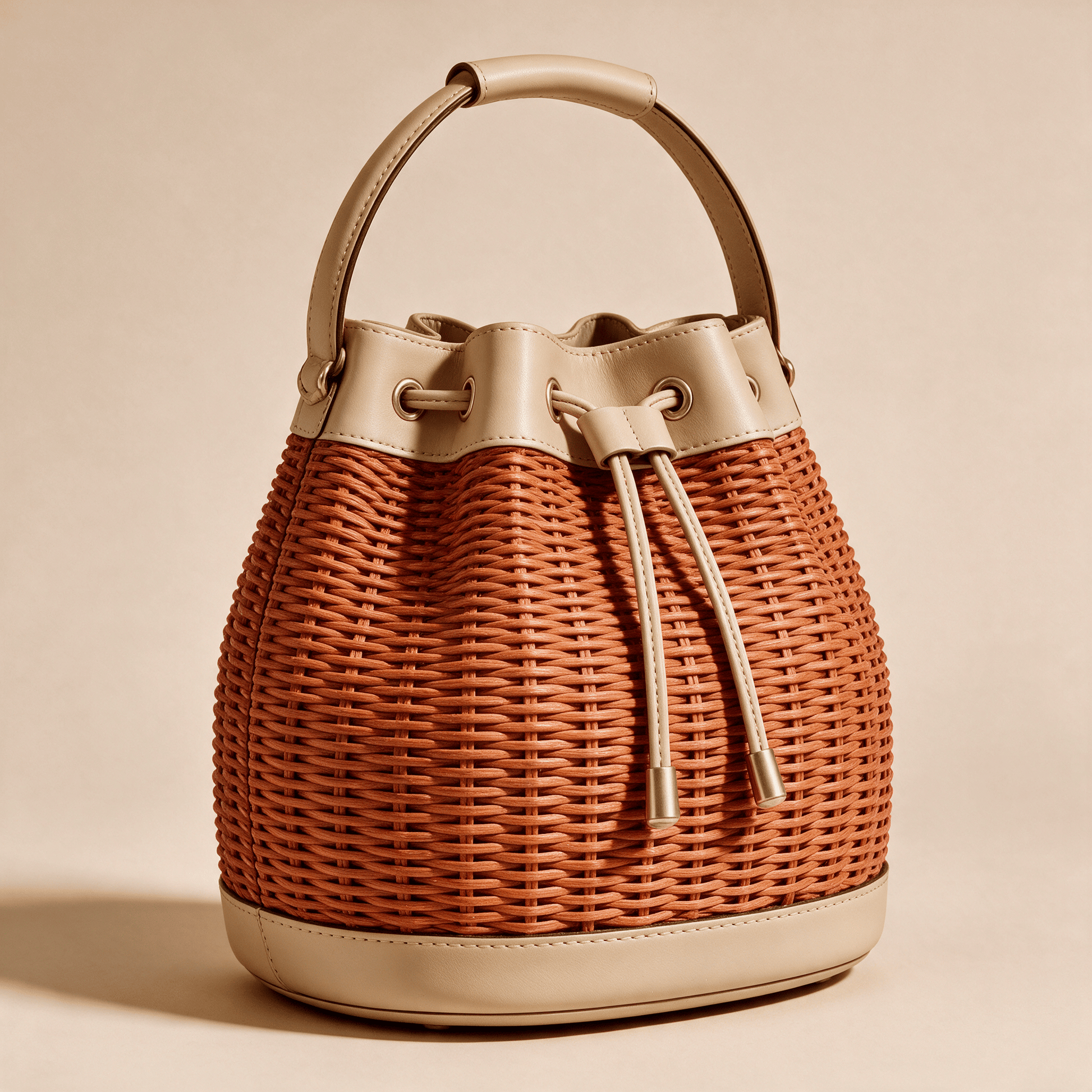 Borsa a Secchiello Savellini Luna in Vimini — Beige Paprika, vista diagonale sinistra, borsa da donna in materiale vegano.