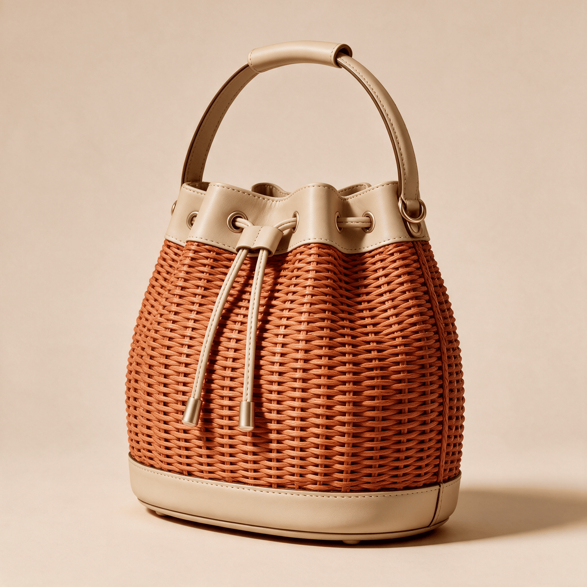 Borsa a Secchiello Savellini Luna in Vimini — Beige Paprika, vista diagonale destra, borsa da donna in materiale vegano.