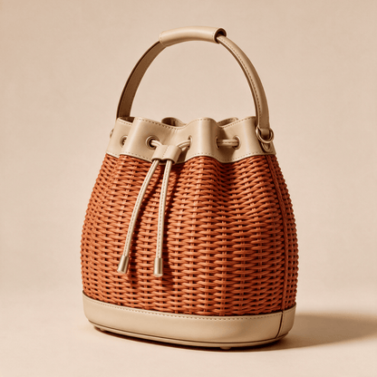 Borsa a Secchiello Savellini Luna in Vimini — Beige Paprika, vista diagonale destra, borsa da donna in materiale vegano.