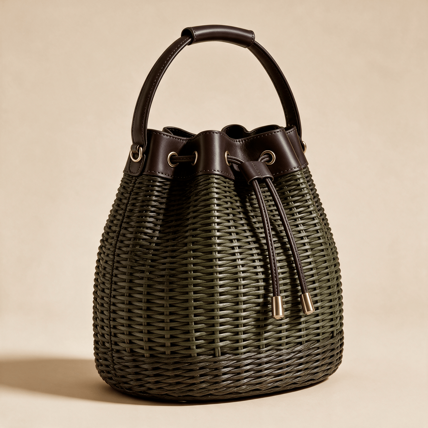 Borsa a Secchiello Savellini Luna in Vimini — Marrone Sottobosco, vista diagonale sinistra, borsa da donna in materiale vegano.