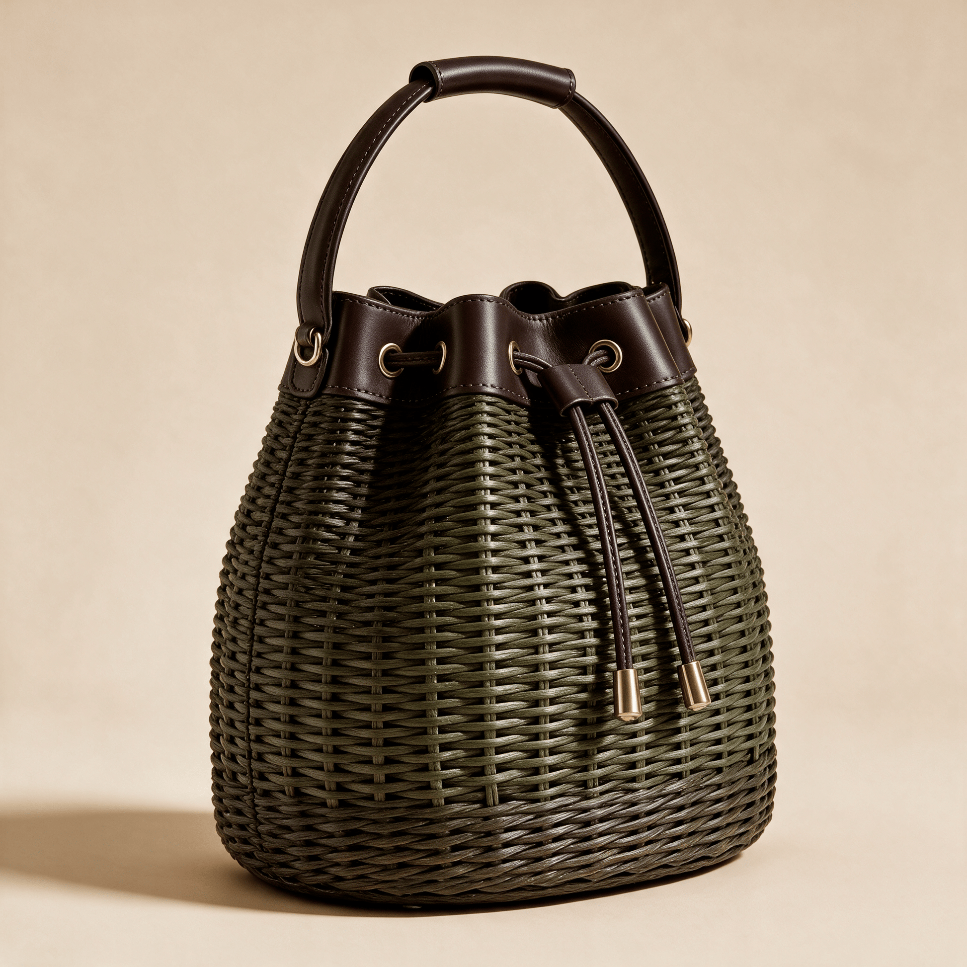 Borsa a Secchiello Savellini Luna in Vimini — Marrone Sottobosco, vista diagonale sinistra, borsa da donna in materiale vegano.