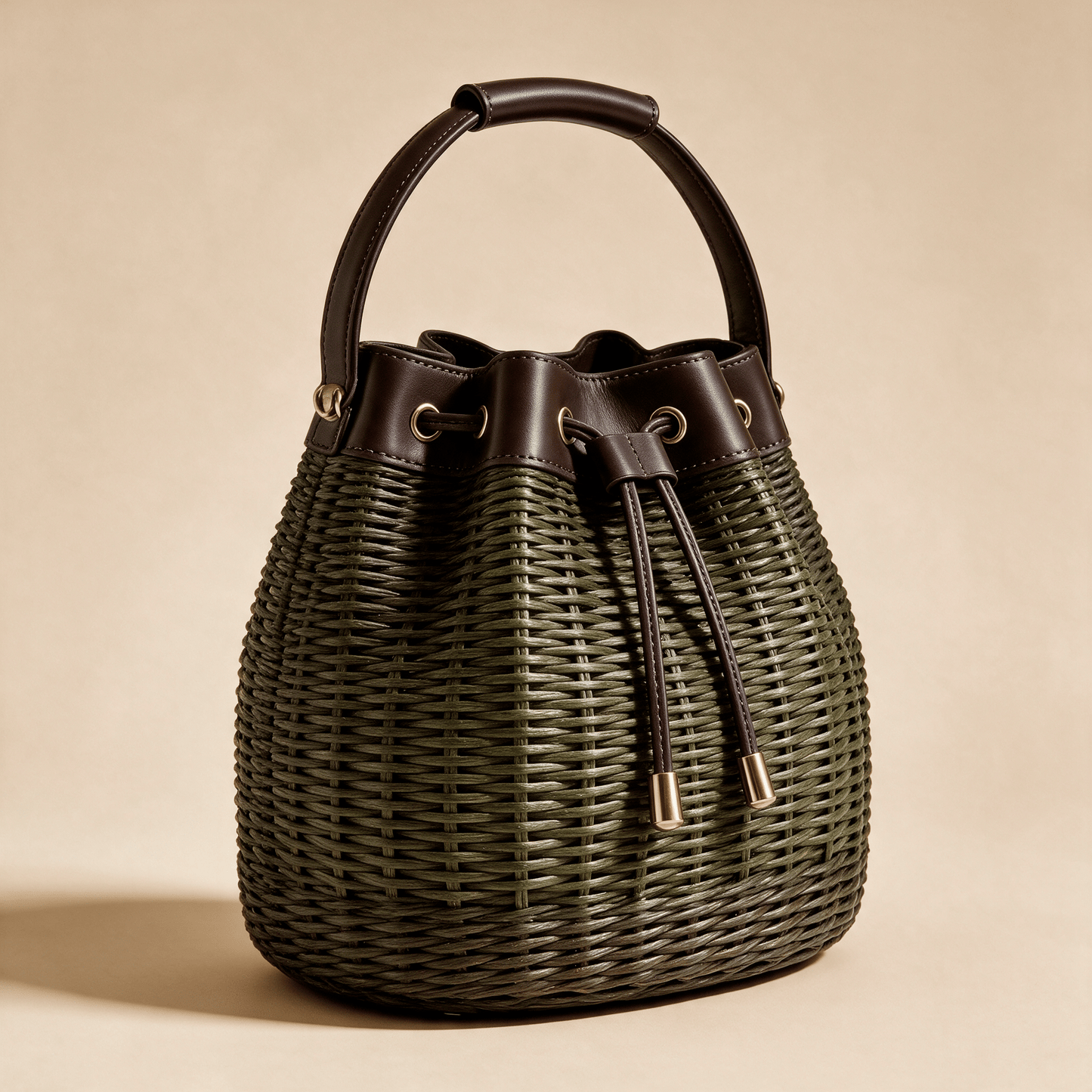 Borsa a Secchiello Savellini Luna in Vimini — Marrone Sottobosco, vista diagonale destra, borsa da donna in materiale vegano.
