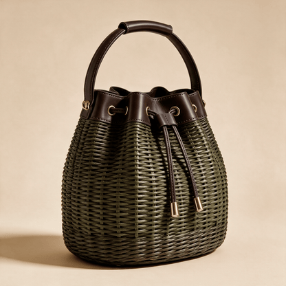Borsa a Secchiello Savellini Luna in Vimini — Marrone Sottobosco, vista diagonale destra, borsa da donna in materiale vegano.