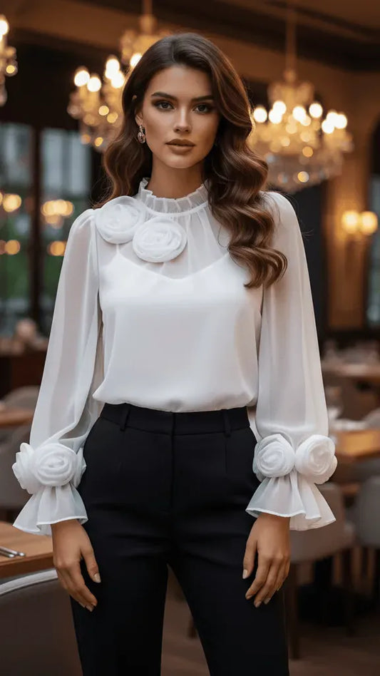 Camicetta Donna Bianca con Rose 3D — vista frontale