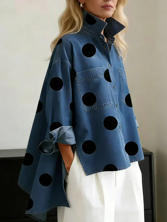 Camicia Donna a Pois Grandi con Bottoni e Tasche sul Petto