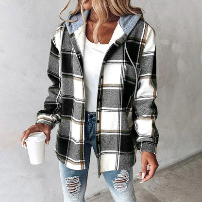 Cappotto Invernale Donna Ampio a Quadri con Cappuccio
