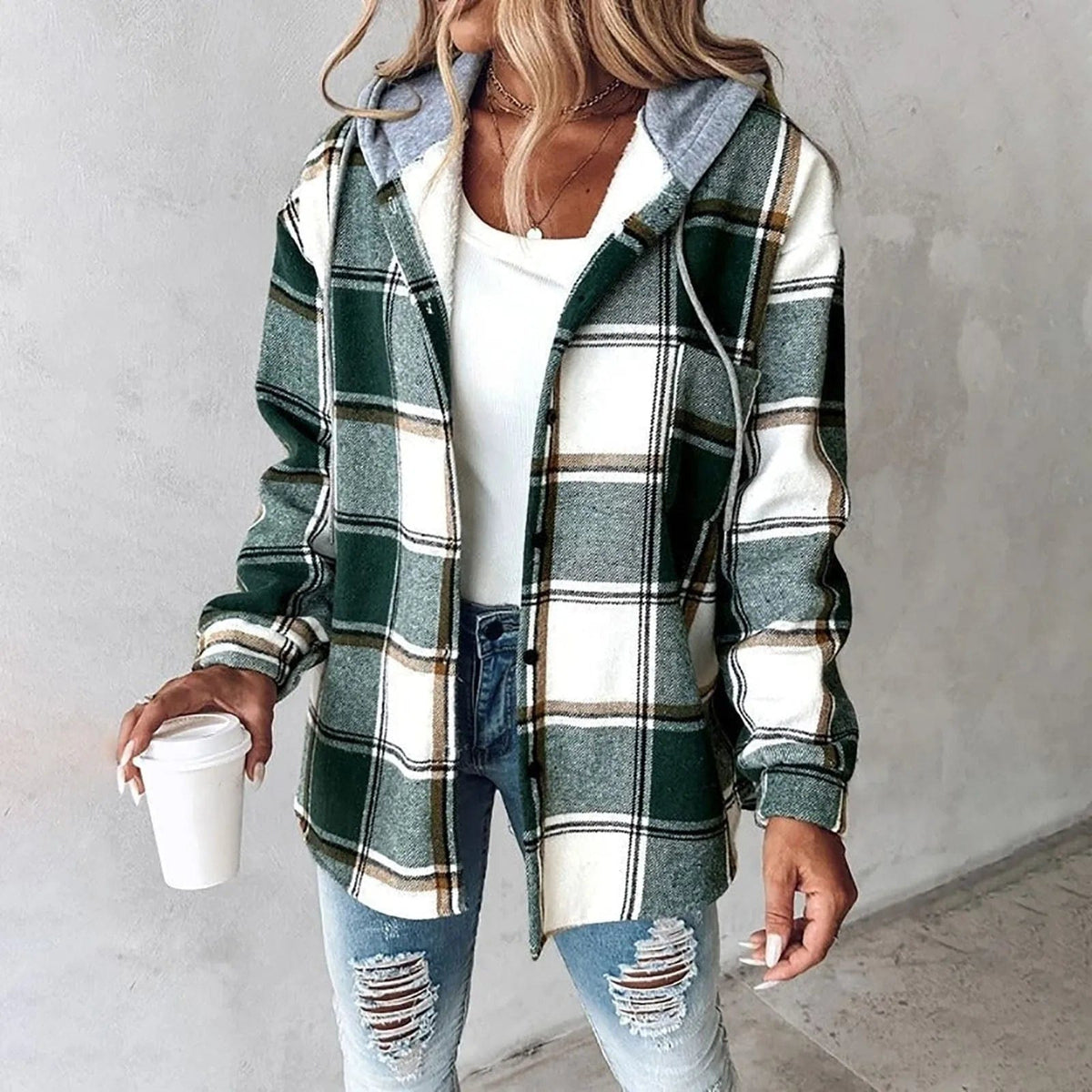 Cappotto Invernale Donna Ampio a Quadri con Cappuccio