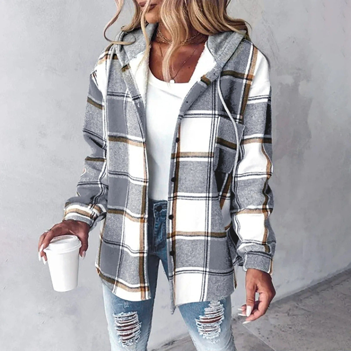 Cappotto Invernale Donna Ampio a Quadri con Cappuccio