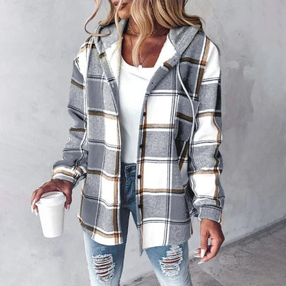 Cappotto Invernale Donna Ampio a Quadri con Cappuccio