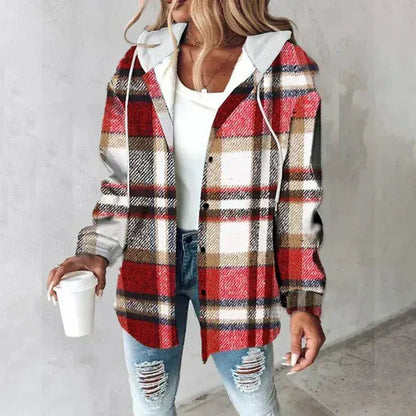 Cappotto Invernale Donna Ampio a Quadri con Cappuccio