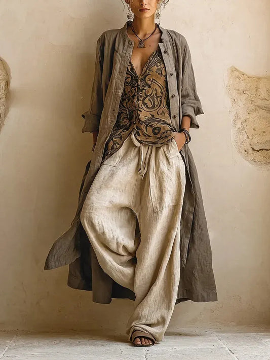 Completo da Donna Beige in Lino — vista frontale