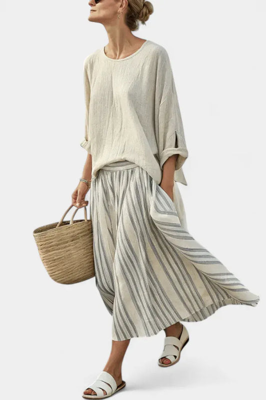 Completo donna beige con gonna midi a righe — vista completa
