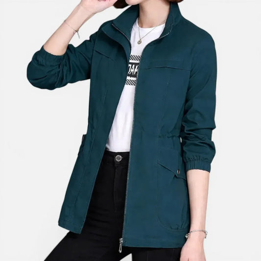 Giacca leggera blu con zip e coulisse — vista frontale