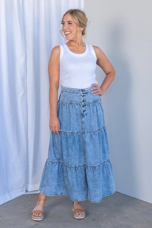 Gonna Lunga da Donna Blu in Denim — vista frontale