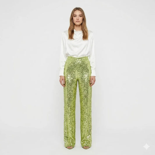 Pantaloni da Donna a Gamba Dritta con Paillettes — vista frontale