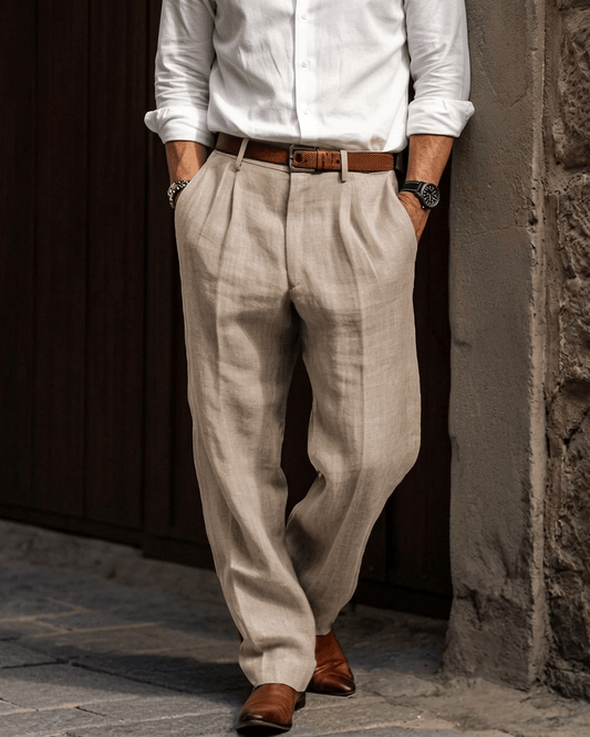 Beige Men's Elegant Casual Trousers Breathable Fabric — Lino Conti