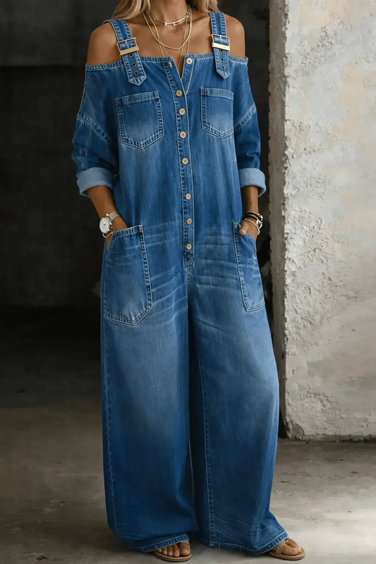 Salopette Donna in Denim Spalle Scoperte — vista frontale