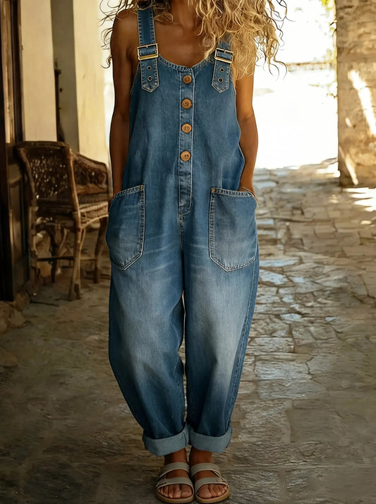 Salopette Jeans Donna Regolabile a Gamba Larga — vista frontale
