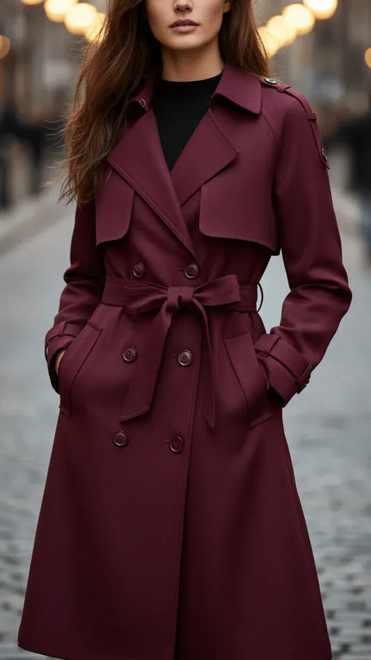 Trench bordeaux doppiopetto da donna con cintura — vista frontale