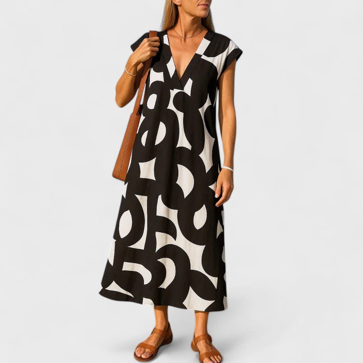 Maxi Abito Fluido Donna con Stampa Astratta e Scollo a V