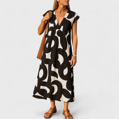 Maxi Abito Fluido Donna con Stampa Astratta e Scollo a V