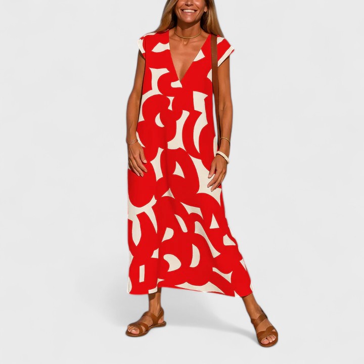 Maxi Abito Fluido Donna con Stampa Astratta e Scollo a V