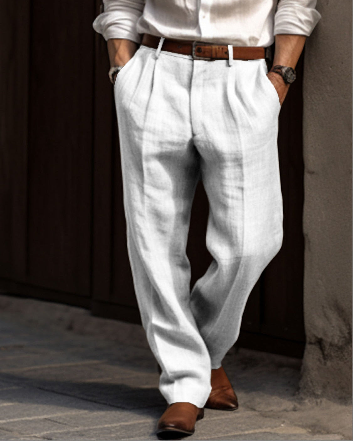Beige Men's Elegant Casual Trousers Breathable Fabric — Lino Conti