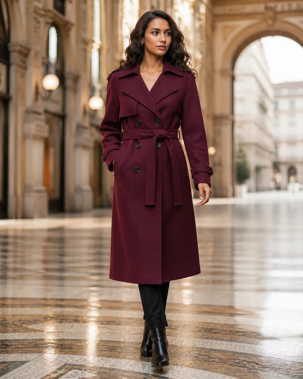 Donna con trench bordeaux Savellini sotto un portico italiano
