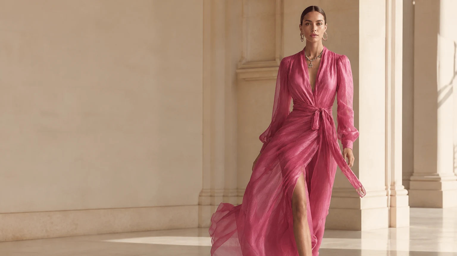 Donna con abito lungo rosa Savellini in un palazzo italiano